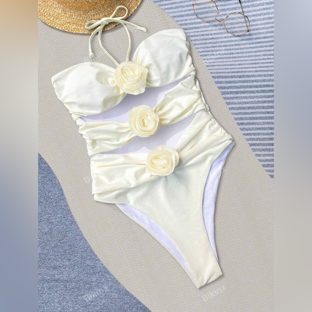 Elegant Cream One-Piece Swimsuit with Floral Accents